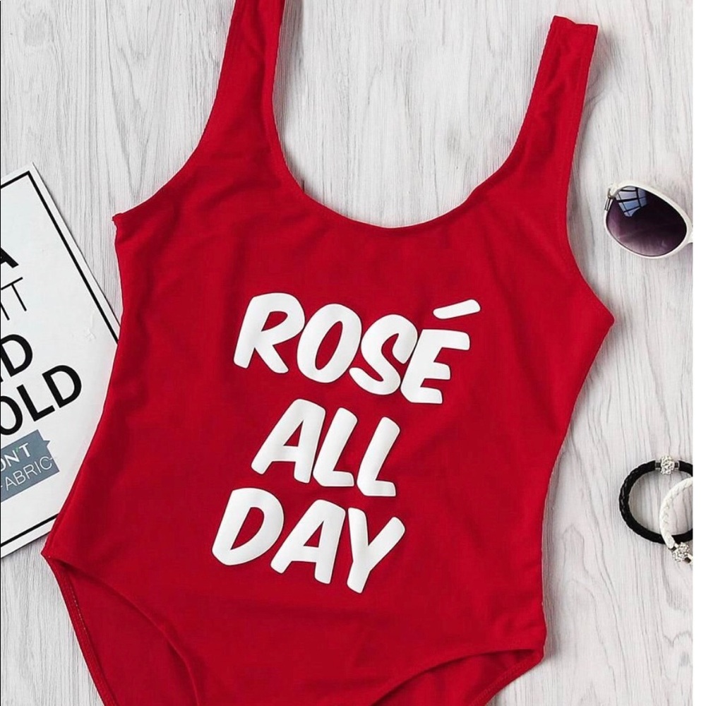 “Rose’ all day” red print slogan one piece.